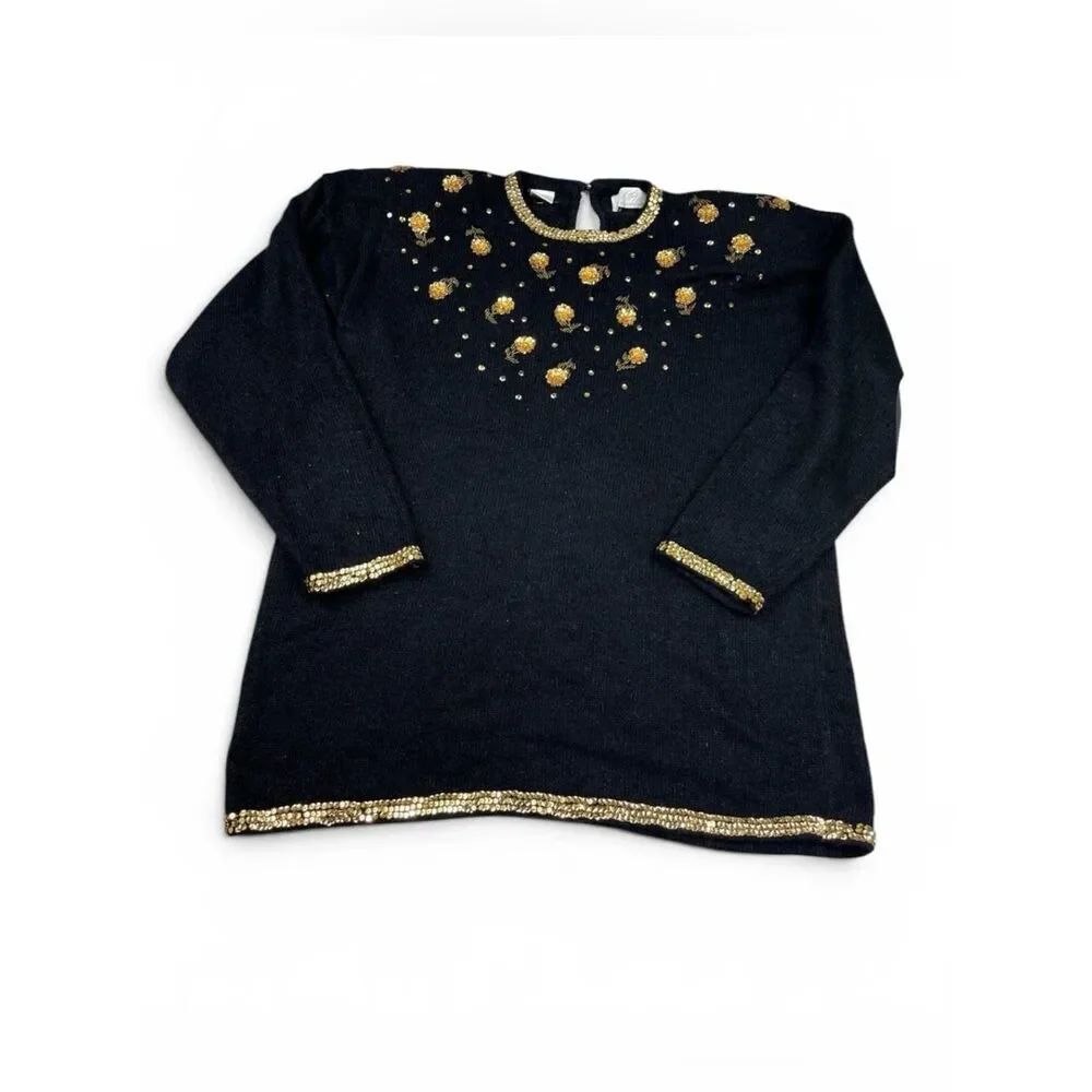 Lord & Taylor Vintage Silk Blend Sweater Sequin Retro Kitsch Glam Evening Knit M
